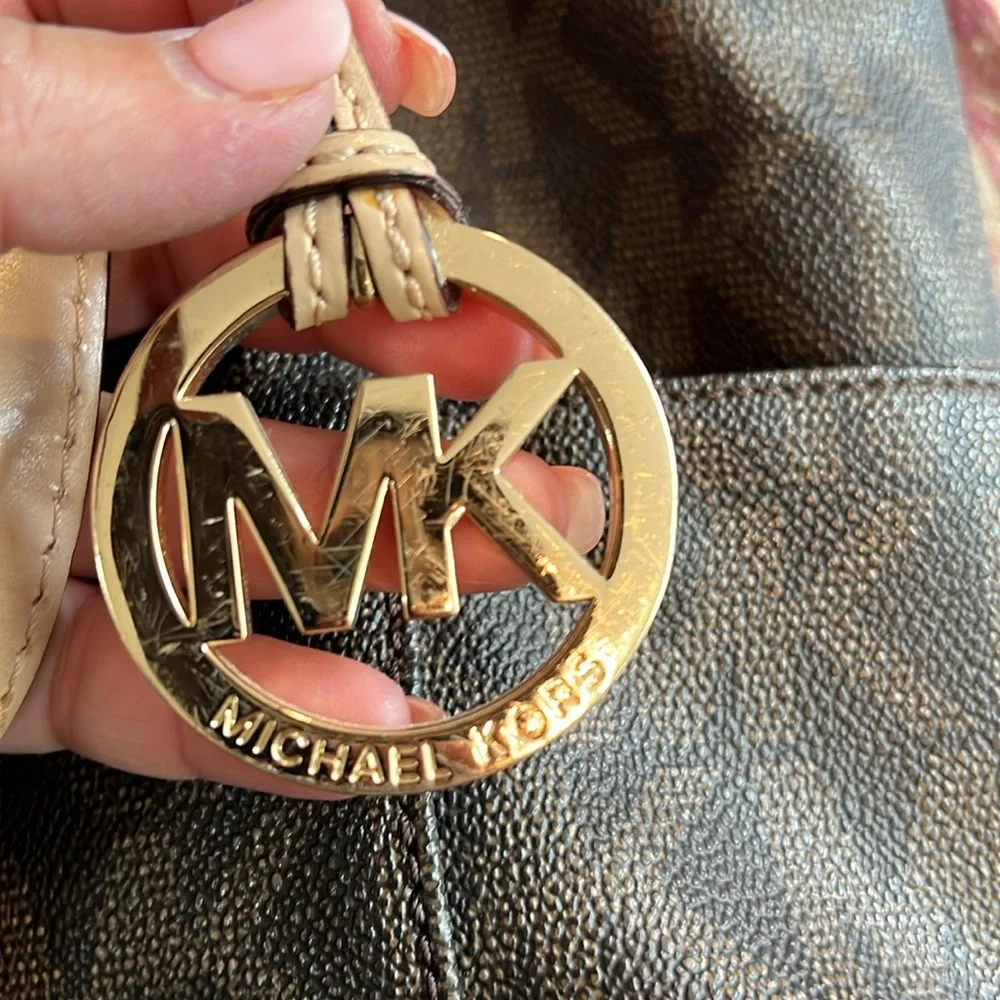 MICHAEL Michael Kors Brown Logo Tote with Pale Pink Leather Straps